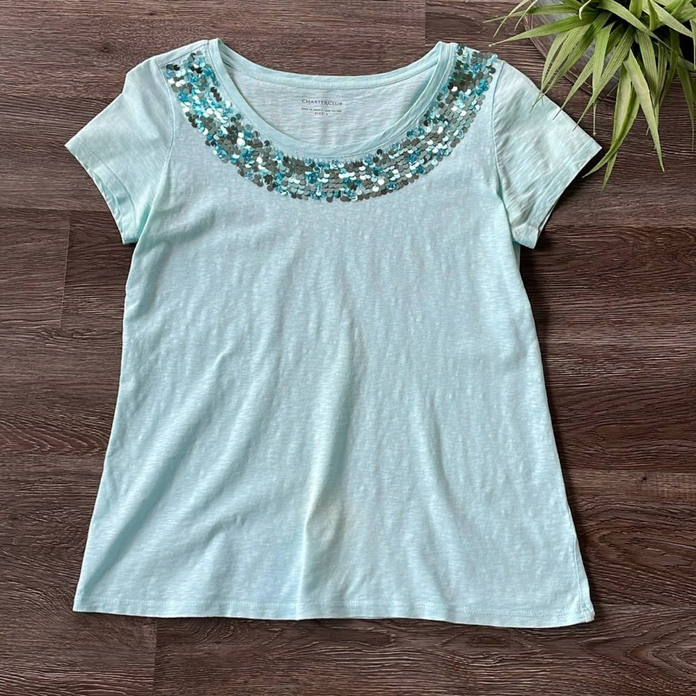 Charter Club Scoop Neck Short Sleeve Tshirt with Sequins at Neckline